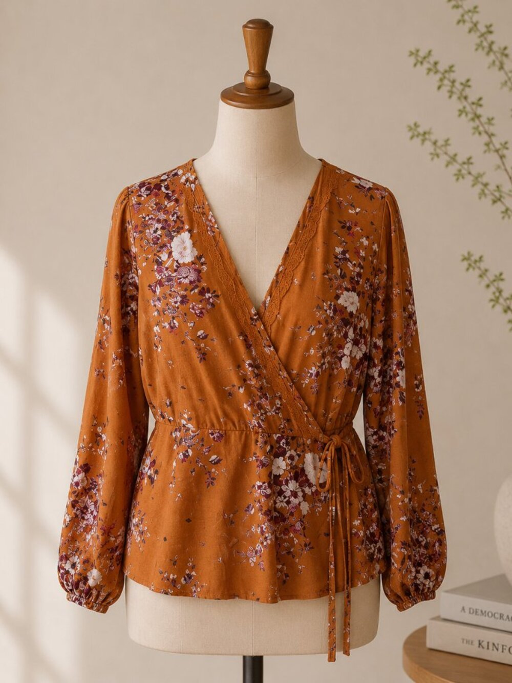 Maurices Floral Wrap Top 0X Plus Boho Peplum Tie Waist Long Sleeve Rust